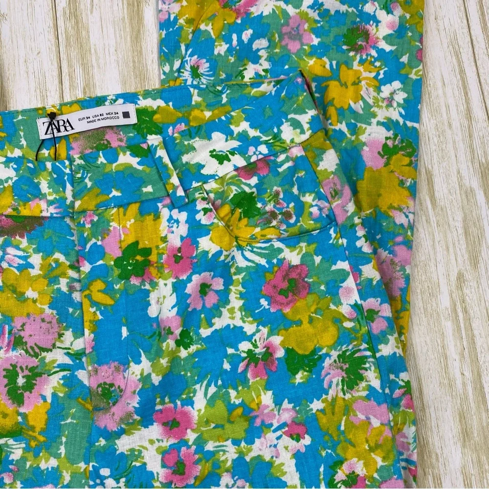 Zara Multicolor Floral Linen Blend Mini Flare Trouser Pants